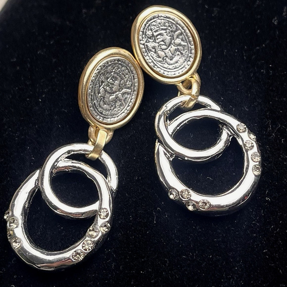 Fashion Jewelry Jewelry - Mayan Aztec Coin Medallion Earrings Hoop Rhinestone Gold Silver Two Tone Tribal